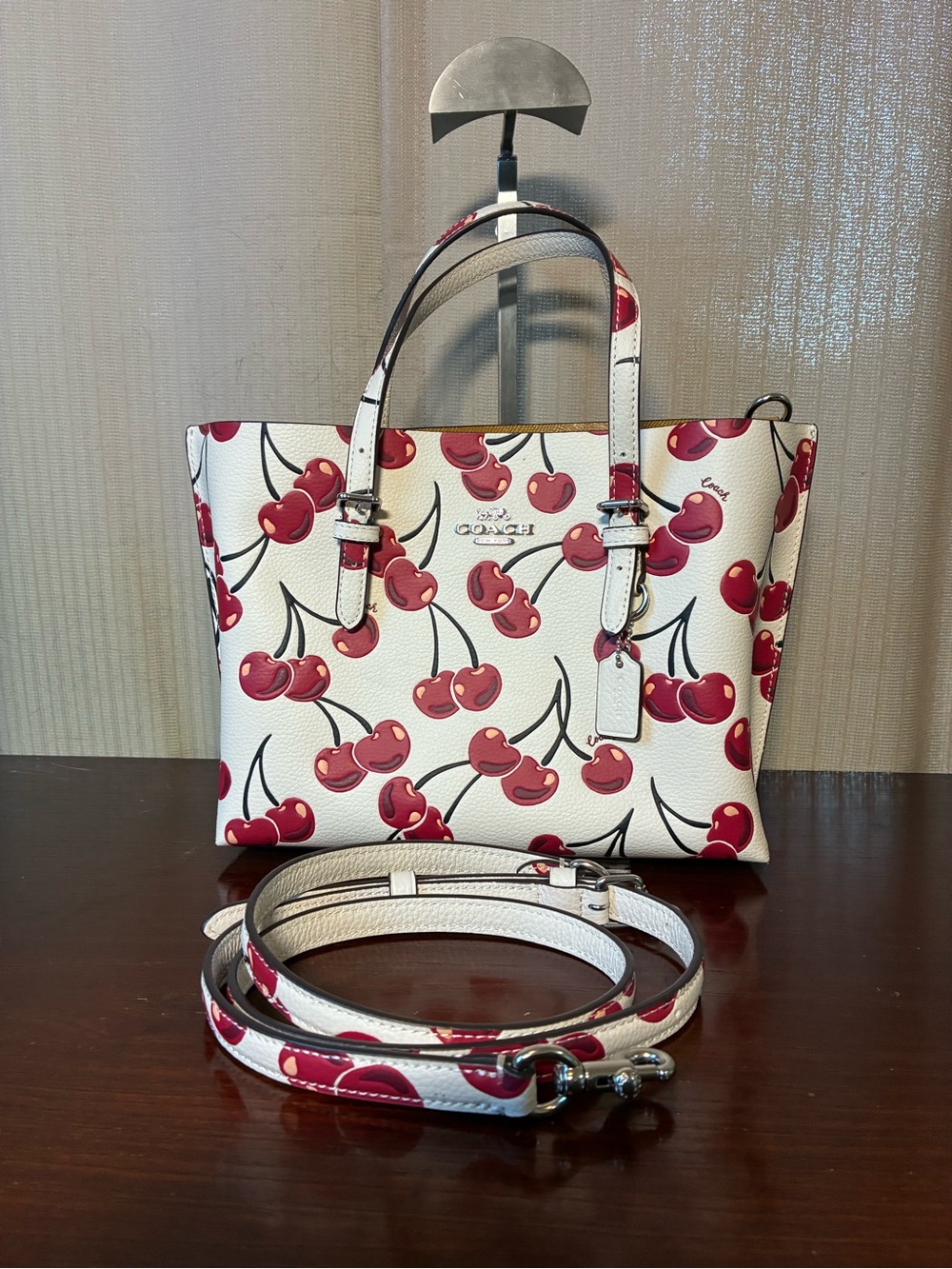 Coach Mollie Cherry Print White Leather Tote